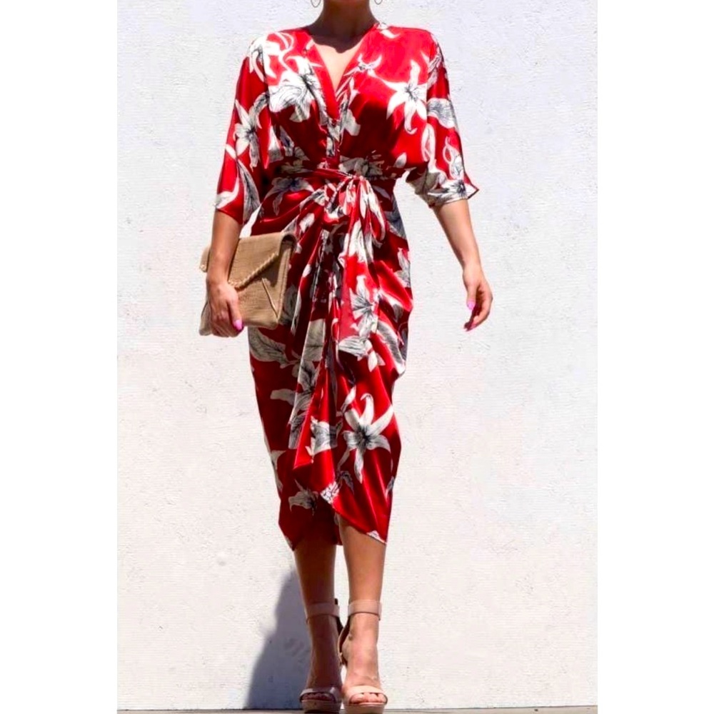 Dress Day Women's Red Floral V-Neck Button Down Waist Tie Midi Dress